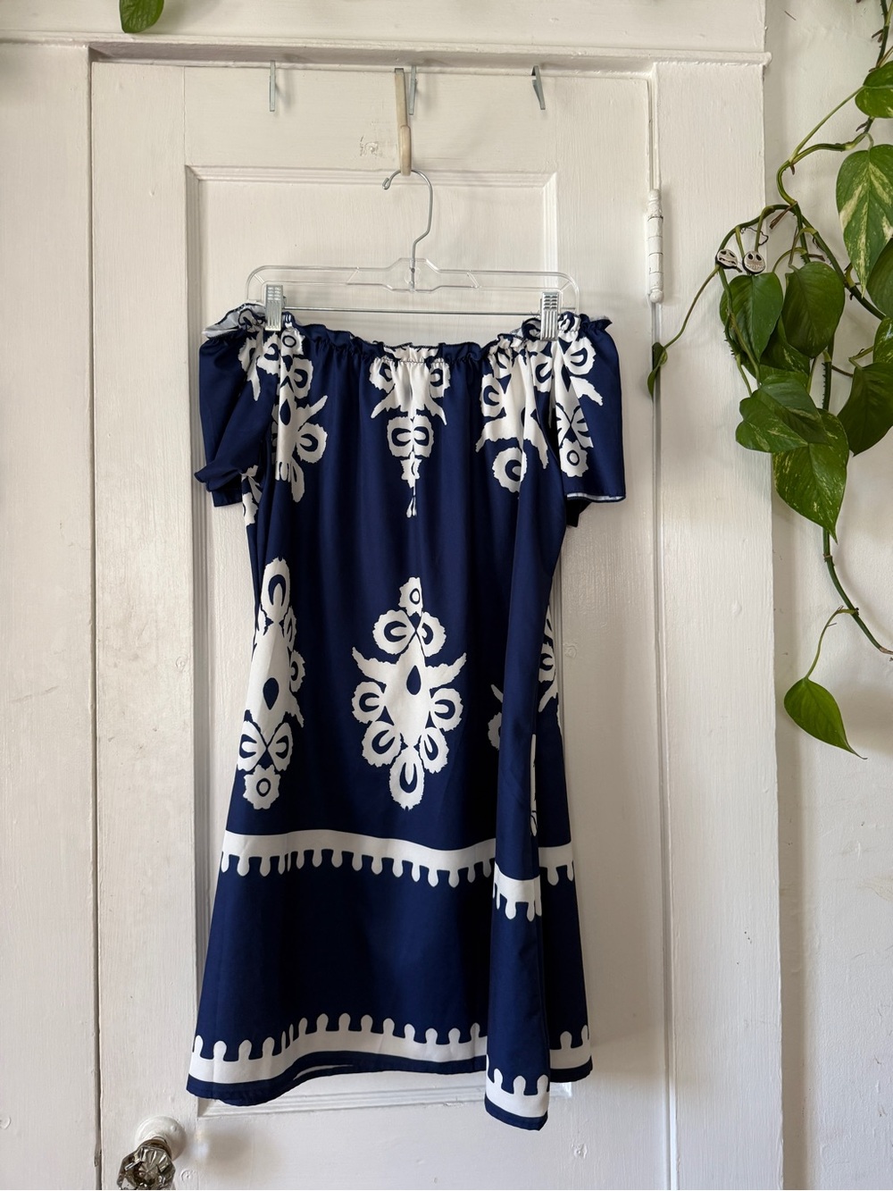 Navy Blue Off-Shoulder Dress with White Medallion Print